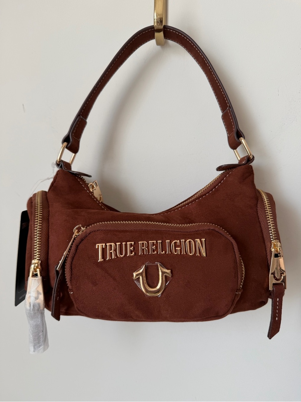 True Religion Brown Suede Shoulder Bag with Gold Hardware